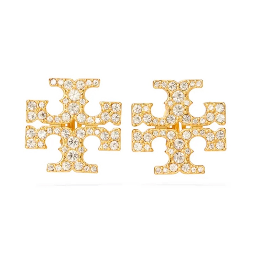 Tory Burch Authentic Large Kira Logo Gold Bold Stud Clip Earrings